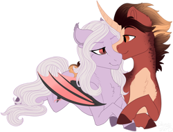 Size: 1720x1307 | Tagged: safe, artist:sharxz, imported from derpibooru, oc, oc:firefall, oc:violet thorn, bat pony, pony, unicorn, bat pony oc, bedroom eyes, commission, couple, digital art, fangs, female, gift art, looking at each other, male, mare, nuzzling, oc x oc, prone, shipping, simple background, smiling, stallion, straight, transparent background, viofall