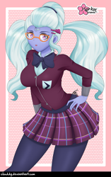 Size: 851x1352 | Tagged: safe, artist:clouddg, imported from derpibooru, sugarcoat, equestria girls, friendship games, breasts, busty sugarcoat, clothes, crystal prep academy uniform, female, glasses, hand on hip, leggings, looking at you, multiple variants, open mouth, pigtails, plaid skirt, pleated skirt, school uniform, signature, skirt, solo, twintails