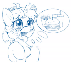 Size: 1936x1685 | Tagged: safe, artist:draconidsmxz, imported from derpibooru, oc, oc only, pony, unicorn, burger, chest fluff, food, french fries, glasses, hungry, monochrome, open mouth, solo, thought bubble, tongue out