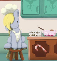 Size: 1650x1781 | Tagged: safe, artist:redquoz, imported from derpibooru, derpy hooves, bird pone, pegasus, pony, apron, chef's hat, clothes, cute, derpabetes, ear down, eyes closed, female, hat, leg fluff, mare, one ear down, sitting, sleeping, solo, stool, tail feathers, unshorn fetlocks, weapons-grade cute