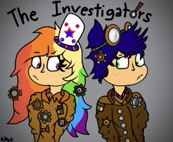 Size: 1009x828 | Tagged: safe, artist:kittycatrittycat, imported from derpibooru, rainbow dash, soarin', human, series:the investigators, american, female, goggles, hat, humanized, male, multicolored hair, shipping, soarindash, steampunk, straight