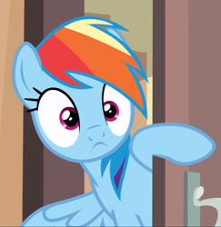 Size: 912x937 | Tagged: safe, imported from derpibooru, screencap, rainbow dash, pegasus, pony, stranger than fan fiction, cropped, door, female, mare, raised hoof, solo, spread wings, surprised, wings