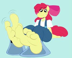 Size: 2505x2028 | Tagged: safe, artist:superyogtendo, imported from derpibooru, apple bloom, anthro, earth pony, 4 toes, barefoot, breasts, busty apple bloom, clothes, feet, female, fetish, foot fetish, foot focus, itchy, older, older apple bloom, scratching, simple background, sitting, soles, solo, toes, wiggle, wiggling toes
