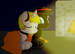 Size: 4561x3300 | Tagged: safe, artist:agkandphotomaker2000, imported from derpibooru, oc, oc:arnold the pony, oc:lucia nightblood, pegasus, pony, vampire, vampony, arncia, blanket, chimney, fire, fireplace, oc x oc, red and black oc, shipping, show accurate, snuggling, warm