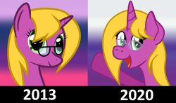 Size: 1358x800 | Tagged: safe, artist:brightstarclick, artist:bryastar, imported from derpibooru, oc, oc:bright star, pony, unicorn, 2013, 2020, bust, comparison, glasses, progression