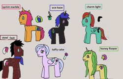 Size: 1380x891 | Tagged: safe, artist:ask-luciavampire, imported from derpibooru, oc, oc:ace haze, oc:charm light, oc:honey flower, oc:sprint marble, oc:steel feet, oc:taffy cake, pegasus, pony, unicorn, tumblr:ask-ponys-university, 1000 hours in ms paint