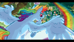 Size: 3265x1837 | Tagged: safe, artist:shaslan, imported from derpibooru, rainbow dash, pegasus, pony, female, flying, mare, ponyville, rainbow trail, smiling, solo, spread wings, wings