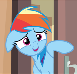 Size: 974x939 | Tagged: safe, imported from derpibooru, screencap, rainbow dash, pegasus, pony, stranger than fan fiction, cropped, cute, dashabetes, door, female, floppy ears, mare, raised hoof, smiling, solo