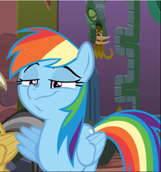 Size: 880x941 | Tagged: safe, imported from derpibooru, screencap, rainbow dash, pegasus, pony, stranger than fan fiction, cropped, faic, female, lidded eyes, mare, offscreen character, rainbow dash is best facemaker, smug, smugdash, solo