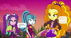 Size: 1304x697 | Tagged: safe, edit, edited screencap, editor:thomasfan45, imported from derpibooru, screencap, adagio dazzle, aria blaze, sonata dusk, human, equestria girls, equestria girls series, sunset's backstage pass!, spoiler:eqg series (season 2), 1000 hours in ms paint, adoragio, ariabetes, armlet, ascot, blank expression, blouse, clothes, cute, description is relevant, disguise, disguised siren, eyeshadow, female, hand on hip, hands on hip, happy, headband, hypnosis, hypnotized, implied hypnosis, jacket, jewelry, leather jacket, legs, makeup, mistress, obey, pants, pigtails, pinpoint eyes, polka dots, ponytail, shorts, smiling, smirk, solo, sonatabetes, speech bubble, spiked headband, spiked wristband, story included, taco dress, twintails, wristband