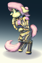 Size: 1265x1908 | Tagged: safe, artist:firefanatic, imported from derpibooru, fluttershy, anthro, pegasus, pony, unguligrade anthro, armor, bipedal, female, floppy ears, gem, nervous, solo, teary eyes, wingless, wingless anthro