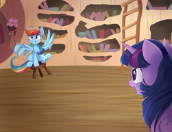 Size: 2062x1588 | Tagged: safe, artist:confetticakez, imported from derpibooru, rainbow dash, twilight sparkle, alicorn, pegasus, pony, testing testing 1-2-3, angry, atg 2019, bookshelf, duo, female, golden oaks library, ladder, mare, motion lines, newbie artist training grounds, scene interpretation, sitting, stool, stooldash, twilight sparkle (alicorn)