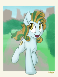 Size: 1400x1850 | Tagged: safe, artist:litrojia, imported from derpibooru, oc, oc only, oc:atlas, earth pony, pony, cheek fluff, chest fluff, city, female, mare, park, smiling, solo