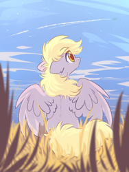 Size: 1500x2000 | Tagged: safe, artist:mirtash, imported from derpibooru, derpy hooves, pegasus, pony, contrail, cute, derpabetes, ear fluff, featured image, female, field, floppy ears, foreground, grass, looking up, mare, outdoors, plane, rear view, sitting, sky, solo, spread wings, wings