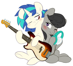 Size: 3720x3343 | Tagged: safe, artist:chub-wub, imported from derpibooru, dj pon-3, octavia melody, vinyl scratch, earth pony, pony, unicorn, back to back, bass guitar, blushing, female, guitar, headphones, high res, hoof hold, lesbian, mare, missing accessory, musical instrument, one eye closed, scratchtavia, shipping, simple background, song, song reference, transparent background, wrong eye color