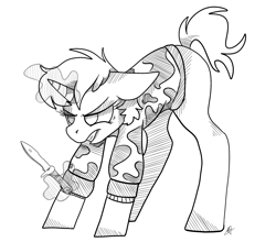 Size: 2500x2200 | Tagged: safe, artist:katyusha, imported from derpibooru, oc, oc only, oc:dossier, pony, unicorn, fanfic:shadow of equestria, angry, ass up, colorless, commission, commission example, female, fighting stance, knife, lineart, snarling, solo