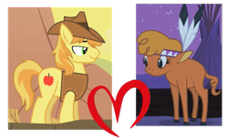 Size: 613x378 | Tagged: safe, edit, edited screencap, imported from derpibooru, screencap, braeburn, little strongheart, buffalo, over a barrel, braeheart, female, male, shipping, shipping domino, straight, tipi