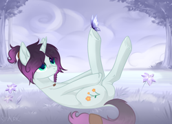 Size: 2364x1700 | Tagged: safe, alternate version, artist:kim0508, artist:sparkling_light, imported from derpibooru, oc, oc only, oc:flora aura, butterfly, pony, unicorn, alternate character, cute, dock, female, flower, fog, grass, jewelry, legs in air, mare, necklace, on back, solo, tree, underhoof, ych result