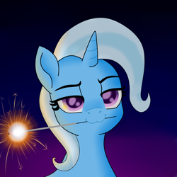 Size: 2700x2700 | Tagged: source needed, safe, artist:freezeroffire, imported from derpibooru, trixie, pony, unicorn, :3, eyebrows, eyelashes, female, gradient background, grin, lidded eyes, mare, mouth hold, new year, simple background, smiling, smirk, solo, sparkler (firework)