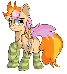 Size: 1280x1415 | Tagged: safe, artist:rainbowtashie, imported from derpibooru, cheerilee, spitfire, oc, oc only, oc:learning curve, earth pony, pegasus, pony, adorable face, clothes, commissioner:bigonionbean, cute, female, fusion, fusion:cheerilee, fusion:learning curve, fusion:spitfire, seductive pose, socks, solo, striped socks, sultry pose, writer:bigonionbean