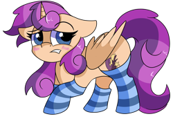 Size: 1280x897 | Tagged: safe, artist:rainbowtashie, imported from derpibooru, scootaloo, sweetie belle, oc, oc:sweet scooter, alicorn, pegasus, pony, unicorn, adorable face, alicorn oc, blushing, butt, clothes, commissioner:bigonionbean, cute, cutie mark, embarrassed, fusion, fusion:scootaloo, fusion:sweet scooter, fusion:sweetie belle, horn, not an alicorn, pegacorn, plot, seductive pose, socks, striped socks, sultry pose, wings, writer:bigonionbean