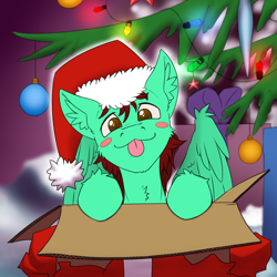 Size: 2000x2000 | Tagged: safe, artist:peterhrod656, artist:twotail813, imported from derpibooru, oc, oc only, oc:bluphy hooves, pegasus, pony, base used, chest fluff, christmas, christmas lights, christmas tree, cute, ear fluff, hat, holiday, present, santa hat, solo, tongue out, tree