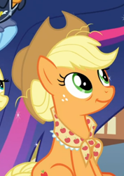 Size: 398x563 | Tagged: safe, imported from derpibooru, screencap, applejack, earth pony, pony, the last problem, applejack's hat, clothes, cowboy hat, cropped, cute, female, granny smith's scarf, granny smith's shawl, hair bun, hat, jackabetes, looking up, mare, offscreen character, older, older applejack, sitting, smiling, solo focus