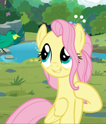 Size: 806x938 | Tagged: safe, imported from derpibooru, screencap, fluttershy, bird, pegasus, pony, the last problem, cropped, cute, female, hoof on chest, looking at each other, mare, older, older fluttershy, raised hoof, shyabetes, smiling, solo, standing up