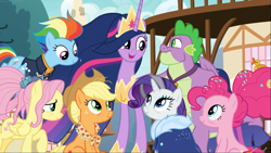 Size: 1667x938 | Tagged: safe, imported from derpibooru, screencap, applejack, fluttershy, pinkie pie, rainbow dash, rarity, spike, twilight sparkle, alicorn, dragon, earth pony, pegasus, pony, unicorn, the last problem, applejack's hat, cowboy hat, cropped, crown, cute, female, gigachad spike, group, hat, hoof shoes, jewelry, looking at each other, male, mane seven, mane six, mare, older, older applejack, older fluttershy, older mane seven, older mane six, older pinkie pie, older rainbow dash, older rarity, older spike, older twilight, open mouth, peytral, princess twilight 2.0, regalia, sitting, smiling, twiabetes, twilight sparkle (alicorn)