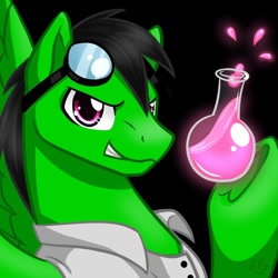 Size: 900x900 | Tagged: safe, artist:nothingspecialx9, imported from derpibooru, oc, oc only, oc:thallium burst, object pony, original species, pegasus, pony, badass, black background, bust, clothes, element pony, glass, goggles, lab coat, male, ponified, simple background, solo, stallion