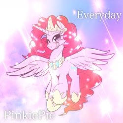 Size: 1536x1536 | Tagged: safe, artist:kurogewapony, idw, imported from derpibooru, pinkie pie, alicorn, pony, spoiler:comic, alicornified, crown, cute, diapinkes, female, flying, hoof shoes, jewelry, mare, one eye closed, peytral, pinkiecorn, princess of chaos, race swap, regalia, sky, smiling, solo, spread wings, wings, wink, xk-class end-of-the-world scenario