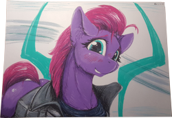 Size: 3756x2579 | Tagged: safe, artist:alcor, imported from derpibooru, fizzlepop berrytwist, tempest shadow, pony, unicorn, blushing, broken horn, clothes, cute, ear fluff, female, horn, jacket, mare, solo, tempestbetes, traditional art