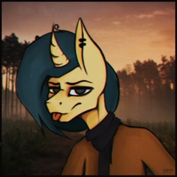 Size: 1080x1080 | Tagged: safe, artist:dolor, imported from derpibooru, oc, oc only, oc:wata, oc:watashiao, anthro, unicorn, autumn, clothes, digital art, forest, piercing, scarf, solo, tongue out