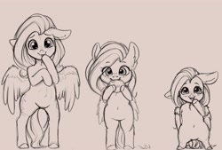 Size: 4000x2703 | Tagged: safe, artist:miokomata, imported from derpibooru, fluttershy, pegasus, semi-anthro, age progression, belly button, both cutie marks, chest fluff, cookie, cute, featureless crotch, female, floppy ears, food, freckles, front view, full face view, grayscale, high res, looking at you, mare, monochrome, self ponidox, shyabetes, simple background, size difference, smiling, smol, tallershy, triality, white background