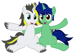 Size: 4623x3400 | Tagged: safe, artist:gabosor, artist:up-world, derpibooru exclusive, imported from derpibooru, oc, oc:gabosor, oc:up-world, pony, unicorn, 2020 community collab, derpibooru community collaboration, collaboration, digital art, duo, front view, grin, group hug, hug, looking at you, male, meta, ponysona, show accurate, simple background, sitting, smiling, stallion, transparent background, vector