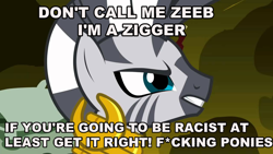 Size: 1280x720 | Tagged: safe, deleted from derpibooru, edit, edited screencap, imported from derpibooru, screencap, zecora, zebra, critical research failure, episode needed, female, meme, mouthpiece, racism, solo, text, zebras as black people stereotype, zigger, ziggers