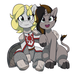 Size: 5000x4951 | Tagged: safe, artist:pabbley, imported from derpibooru, oc, oc only, oc:emerald whiplash, oc:solis, classical unicorn, unicorn, 2020 community collab, derpibooru community collaboration, armor, cloven hooves, hug, leonine tail, looking at you, shield, simple background, transparent background, unshorn fetlocks