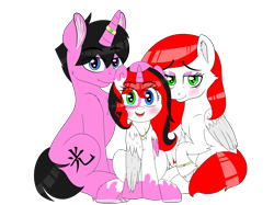 Size: 6700x5000 | Tagged: safe, artist:prince_skylight, imported from derpibooru, oc, oc only, alicorn, pegasus, pony, unicorn, 2020 community collab, derpibooru community collaboration, alicorn oc, blushing, heterochromia, horn, horn ring, hug, simple background, transparent background, trio, winghug, wings