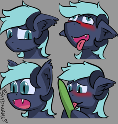 Size: 400x420 | Tagged: safe, artist:skydreams, imported from derpibooru, oc, oc only, oc:helium star, bat pony, ahegao, bat pony oc, blushing, commission, cucumber, eeee, embarrassed, emoji, emotes, fangs, food, licking, male, not porn, open mouth, sad, stallion, tongue out