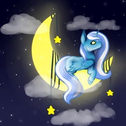 Size: 512x512 | Tagged: safe, artist:b-l-ue, imported from derpibooru, oc, oc only, oc:fleurbelle, alicorn, pony, adorabelle, alicorn oc, cloud, cute, female, horn, mare, moon, solo, stars, tangible heavenly object, yellow eyes