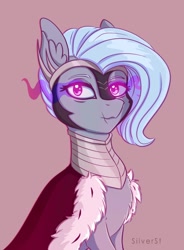 Size: 738x1002 | Tagged: safe, artist:silverst, artist:tanatos, imported from derpibooru, oc, oc only, oc:silver dust, pony, cape, clothes, cosplay, costume, female, halloween, halloween costume, light blue hair, mare, purple eyes, simple background, solo, sombra cosplay, sombra eyes