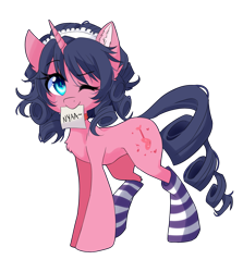 Size: 2345x2624 | Tagged: safe, artist:cynicalsonata, imported from derpibooru, oc, oc only, oc:cyan hijirikawa, pony, unicorn, 2020 community collab, derpibooru community collaboration, blue eyes, blue mane, blue tail, chest fluff, clothes, collar, crossover, curly mane, curly tail, cutie mark, cyan hijirikawa, ear fluff, female, headband, horn, lolita fashion, looking at you, mare, mouth hold, nya, pink coat, ponified, show by rock!!, sign, simple background, socks, solo, standing, striped socks, transparent background, unicorn oc, winking at you