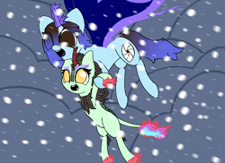 Size: 4448x3234 | Tagged: safe, artist:ceemakesstuff, imported from derpibooru, oc, oc only, oc:cee, kirin, pony, carrying, cloud, cloudy, fire, flying, happy, kirin oc, phoenix pony, snow