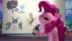 Size: 485x275 | Tagged: safe, imported from derpibooru, screencap, cozy glow, discord, grogar, king sombra, lord tirek, pinkie pie, queen chrysalis, tree of harmony, twilight sparkle, alicorn, pony, hello pinkie pie, the last problem, 3d, bottle, chart, chocolate, chocolate rain, drawing, female, food, hoof hold, mare, princess twilight 2.0, rain, solo, studio, tongue out, twilight sparkle (alicorn)