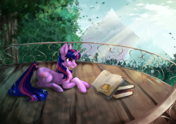 Size: 3400x2400 | Tagged: safe, artist:chocori, artist:dream--chan, imported from derpibooru, twilight sparkle, pony, unicorn, applebuck season, balcony, book, cloud, crepuscular rays, cute, female, golden oaks library, high res, mare, mountain, profile, prone, reading, scene interpretation, sky, solo, tree, twiabetes, unicorn twilight