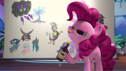 Size: 485x275 | Tagged: safe, alternate version, edit, edited screencap, imported from derpibooru, screencap, cozy glow, discord, grogar, king sombra, lord tirek, pinkie pie, queen chrysalis, tree of harmony, twilight sparkle, alicorn, pony, umbrum, hello pinkie pie, the last problem, 3d, alcohol, beer, bottle, chart, chocolate, chocolate rain, drawing, facial hair, female, food, hoof hold, moustache, painted, princess twilight 2.0, rain, solo, studio, tongue out, treelight sparkle, twilight sparkle (alicorn)