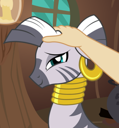 Size: 1673x1797 | Tagged: safe, artist:badumsquish, derpibooru exclusive, imported from derpibooru, zecora, human, zebra, candle, cauldron, content, cute, duo, ear piercing, earring, female, floppy ears, hand, happy, human on zebra petting, jewelry, looking at you, necklace, offscreen character, petting, petting her, piercing, pov, quadrupedal, show accurate, smiling, window, zecora's hut, zecorable