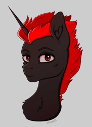 Size: 768x1056 | Tagged: safe, artist:silverst, artist:tanatos, imported from derpibooru, oc, oc only, pony, unicorn, bust, horn, male, red eyes, red hair, simple background, solo, stallion, unicorn oc