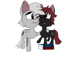 Size: 3000x2250 | Tagged: safe, artist:karmadreamer, derpibooru exclusive, imported from derpibooru, oc, oc only, oc:hizi, oc:red, earth pony, pegasus, pony, 2020 community collab, derpibooru community collaboration, book, nuzzling, simple background, transparent background