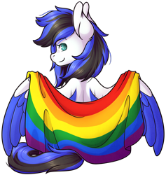 Size: 1749x1845 | Tagged: safe, artist:ak4neh, imported from derpibooru, oc, oc only, oc:black ice, pegasus, pony, clothes, cute, female, flag, looking at you, mare, pegasus oc, pride, pride flag, simple background, sitting, solo, spread wings, transparent background, wings